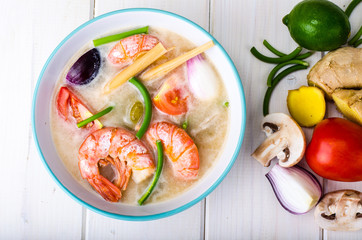 Spicy soup with prawns on coconut milk