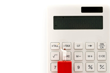Miniature people : worker  with  Calculator button of tax, business concept.