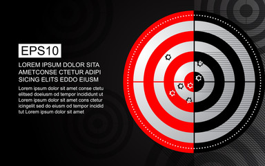 Abstract red target, shooting range with bullet hole on black and white background. Business target goal vector illustration concept.