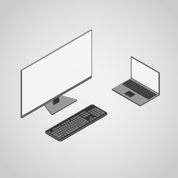 Isometric desktop computer and laptop with keyboard