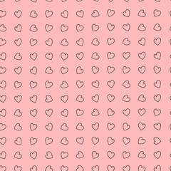 Geometric, symmetrical pattern of hearts on a pink background. Drawing for wedding invitations, packing gifts and festive decorations.