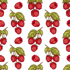 Juicy red raspberry, simple seamless vector pattern.