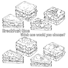 Group of vector illustrations on the fast food theme; set of different kinds of sandwiches with different breads.