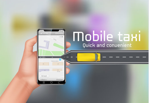 Mobile taxi vector concept background. Human hand holding smartphone with city map on digital screen. Yellow car moves on town road to customer. Online service, application to call a cab on internet