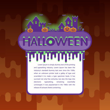 Halloween background with pumpkin, haunted house. Flyer or invitation template for Halloween party. Vector illustration.