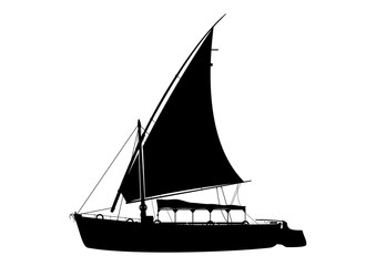 Silhouette of traditional Egyptian wooden sailing boat called felucca. Vector.