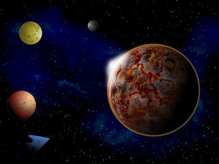 planet in space around bright stars 3d illustration