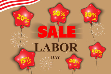 Labor Day in USA Sale of 15, 20, 30, 40, 50, 60 percent on red balloons