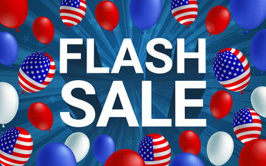 Flash sale poster flyer banner vector illustration. American flag balloon on blue background design. Holiday celebration concept advertising.