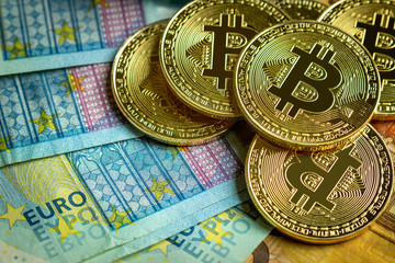 Bitcoin coins and euro background