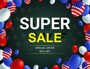 Super sale poster flyer banner vector illustration. American flag balloon on dark background design. Holiday celebration concept advertising.