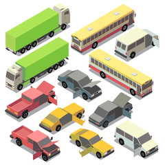 Vector set of isometric urban transportation. Cars with open doors, hood isolated on white background. Repairs of truck, pickup, sedan, bus, sport automobile in cartoon style. Rent of city vehicles