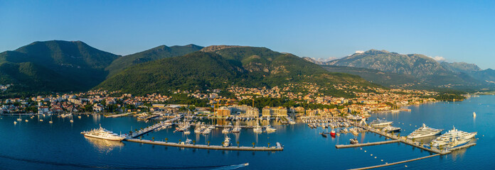 Aerial panoramic view of the evening in Porto Montenegro in Tivat - obrazy, fototapety, plakaty