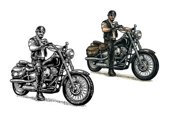 Fototapeta na wymiar Biker riding a motorcycle. Vector engraved illustration