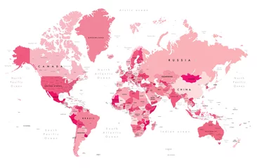 Rolgordijnen Kleurrijke illustratie van een wereldkaart met landnamen, staatsnamen (VS &amp  Australië), hoofdsteden, grote meren en oceanen. Print op maar liefst 36&quot  © oliophotography