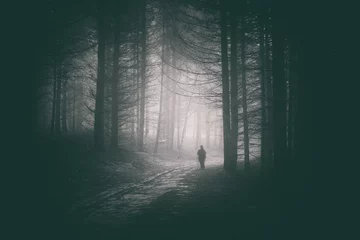 Foto op Canvas Peson loopt op het pad van een donker en mysterieus bos © mimadeo