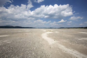 Wasserloser Forggensee im Ostallgäu, Deutschland
