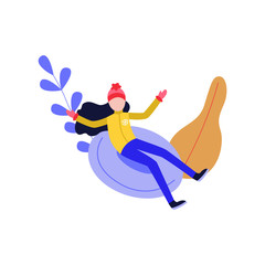 Flat girl in hat sledging at inflatable tube, snowtubing outdoors in winter in warm clothing and long black hairs on abstract floral elements background. Female character and leisure activity. Vector