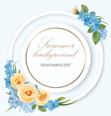 Floral background with roses, phloxes, blue forget me not and frame. Vector illustration - 215099163