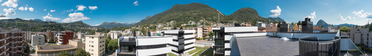 Panoramic view of the exteriors from the last floor of the modern building, urban landscape, nobody