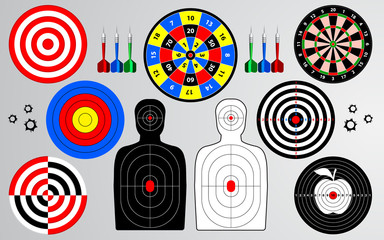Set of target, shooting range, dartboard, man isolated, archery for sport practice training. Creative vector illustration.