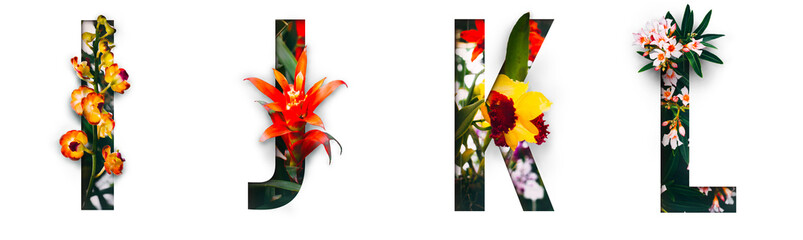 Flower font Alphabet i, j, k , l, made of Real alive flowers with Precious paper cut shape of...