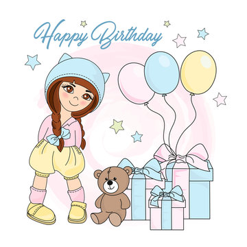 GIRL BIRTHDAY Color Vector Illustration Set for Scrapbooking and Digital Print on Card and Photo Children’s Albums