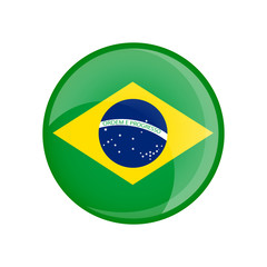 Brazil flag in circle shape. Transparent, glossy, glass button.