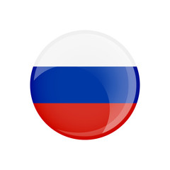 Russia flag in circle shape. Transparent, glossy, glass button.