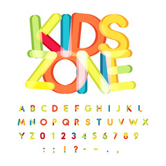 Kids zone alphabet, candy style, colorful vector font. Kids party, childrens birthday alphabet, holiday decoration, vector colorful letters.