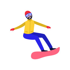 Fototapeta premium Flat adult man with beard in hat and goggles riding at snowboard, snowboarding outdoors in winter in warm clothing. Male character and leisure extreme activity. Vector illustration.