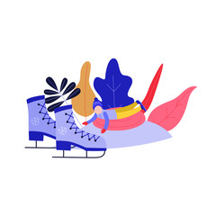 Flat boy kid in hat sledging at inflatable tube, snowtubing outdoors in winter in warm clothing on abstract florals, ice skates background. Male child character leisure activity. Vector illustration.