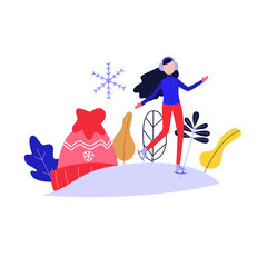 Winter poster with flat girl in headphones ice-skating outdoors in winter in warm clothing on background of knitted hat, snowflake and abstract florals. Female character and sport. Vector illustration