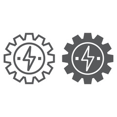 Gear with lightning line and glyph icon, ecology and energy, energy development sign, vector graphics, a linear pattern on a white background, eps 10.