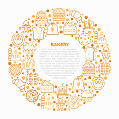 Bakery concept in circle with thin line icons: toast bread, pancakes, flour, croissant, donut, pretzel, cookies, gingerbread man, cupcake, burger, waffle. Vector illustration, print media template.