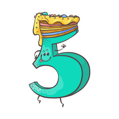 Cute cookie number five 5 character with delicious cake, biscuit at his head. Typographic humanized symbol with hands, arm and face emotions. Kids birthday holiday party font sign. Vector illustration
