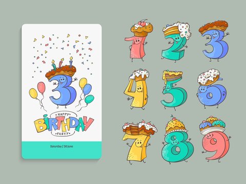 Birthday anniversary numbers cartoon characters with sweet cakes and pies for hats and invitation card template set - cute hand drawn kid b-day banner elements in isolated vector illustration.