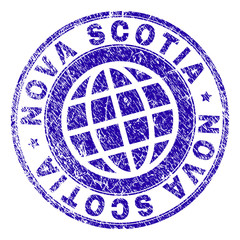 NOVA SCOTIA stamp imprint with grunge style. Blue vector rubber seal imprint of NOVA SCOTIA label with grunge texture. Seal has words placed by circle and globe symbol.