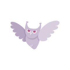 Spooky white owl with devil red eyes icon. Halloween holiday horror symbol, bird for trick or treat seasonal traditional kids celebration design. Vector illustration.