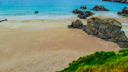 Sango Sands beach at Durness in the Scottish Highlands from above