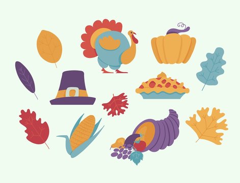 Thanksgiving day elements for holiday design in flat style - symbols of food abundance isolated on white background. Traditional family celebration dinner meals in vector illustration.