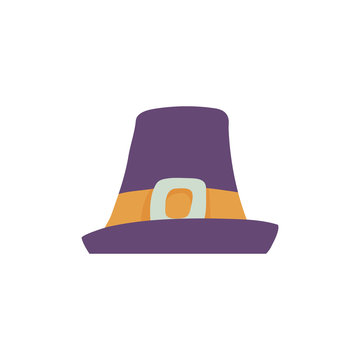 Violet pilgrim hat with wide brim in flat style isolated on white background - man cap with yellow band and metal buckle for traveling or thanksgiving day design in vector illustration.