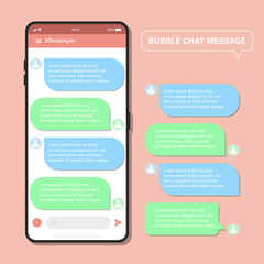 Mobile phone chat message concept isolated on red color background.
