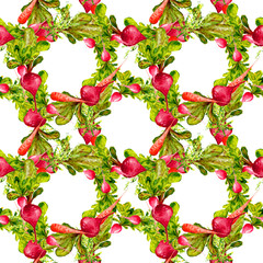 Watercolor Vegan Pattern. Seamless Hand Drawn  Vegetables. Healthy Food Print. Gardening Background. Greenery Repeatable Design for Menu, Restaurant, Salat Bar, Farmers Market. Redish, carrot, beet.