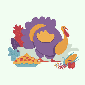 Turkey, thanksgiving pie on background of abstract autumn leaves, berries and apple. Vector cartoon illustration with symbols of thanksgiving set. Sign of autumn, harvest and farming.