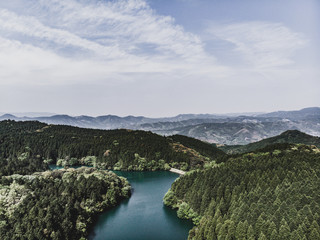 ドローン撮影した森の中の湖