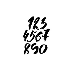 Set of calligraphic ink numbers. Textured dry brush lettering. Vector illustration.