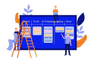 Flat men IT, software developer or designer sitting on big scrum agile board with daily tasks, kan ban desk with sticky notes for visual management teamwork climbing stairway set. Vector illustration.
