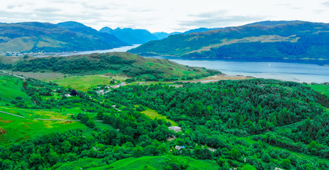 Wonderful landscape and green hills around Loch Long in Scotland