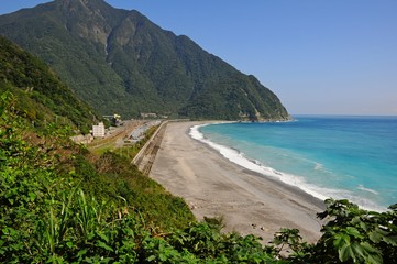 Beautiful Beach with railway and Landscape near Suhua Highway in Winter in Hualien, Taiwan
